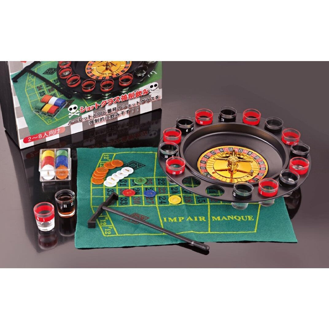 Joc de Ruleta Flippy, cu Pahare de Shot si Plansa de Joc Blackjack, 31 cm, Rosu-Negru
