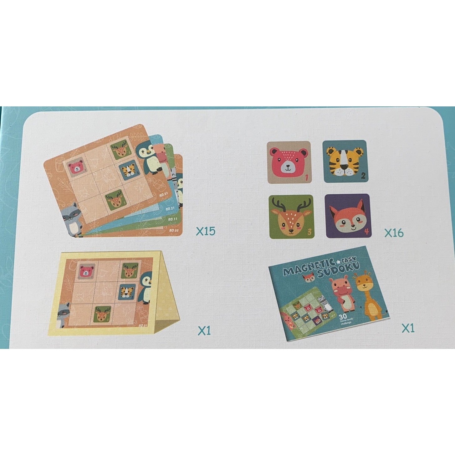 Joc educativ Sudoku cu tablita magnetica, 32 de piese, cartonase cu animale, Verde