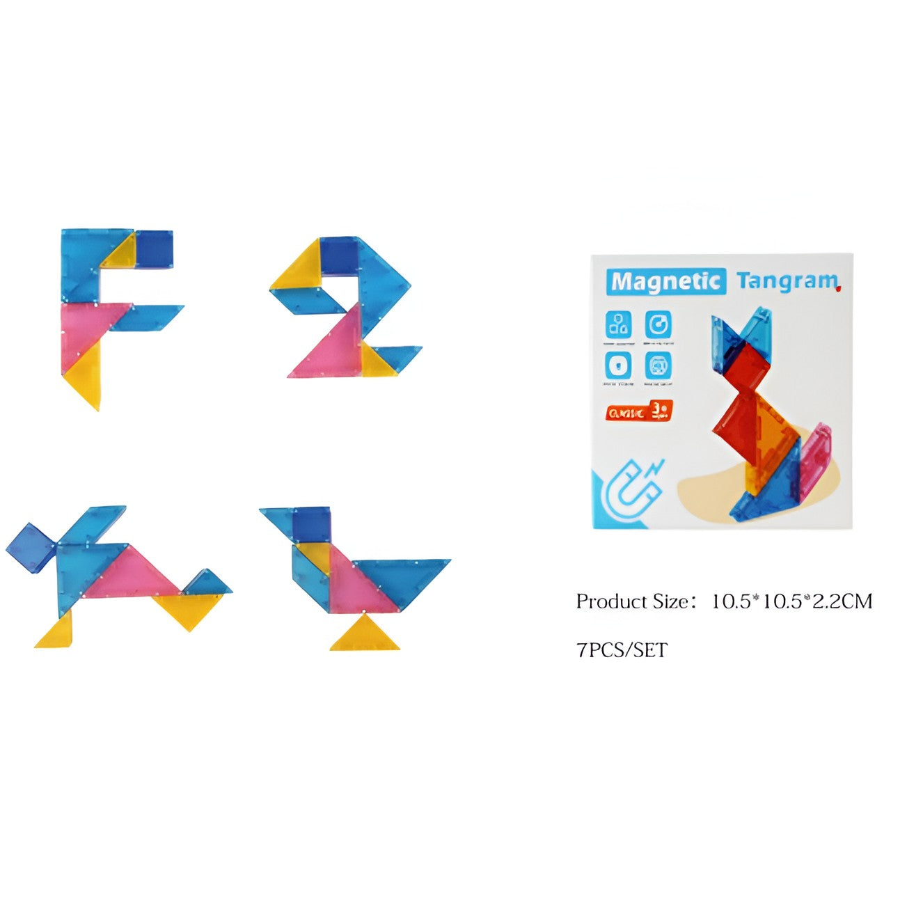 Joc Magnetic Tangram, Flippy, 7 Piese Magnetice, Forme Geometrice, 3 Ani, EVA, ABS, Magnet, 10.5 x 10.5 x 2.2 cm,