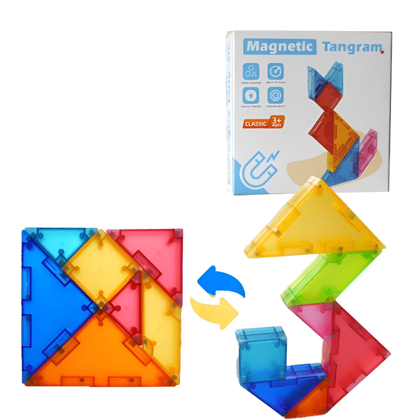 Joc Magnetic Tangram, Flippy, 7 Piese Magnetice, Forme Geometrice, 3 Ani, EVA, ABS, Magnet, 10.5 x 10.5 x 2.2 cm,
