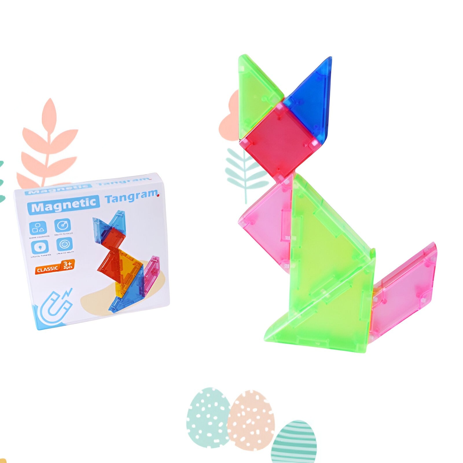 Joc Magnetic Tangram, Flippy, 7 Piese Magnetice, Forme Geometrice, 3 Ani, EVA, ABS, Magnet, 10.5 x 10.5 x 2.2 cm,