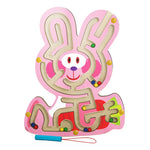 Joc Montessori cu Bile, Flippy, Creion Magnetic, Tip Labirint, din Lemn, Model Iepuras, 19.5x15.5 cm, Roz
