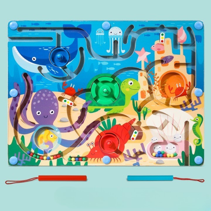 Joc Montessori de Sortare Culori, Flippy, Creion Magnetic, Tip Labirint Ilustrat, din Lemn, Model Animale Marine,
