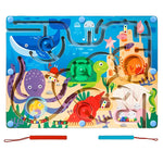Joc Montessori de Sortare Culori, Flippy, Creion Magnetic, Tip Labirint Ilustrat, din Lemn, Model Animale Marine,