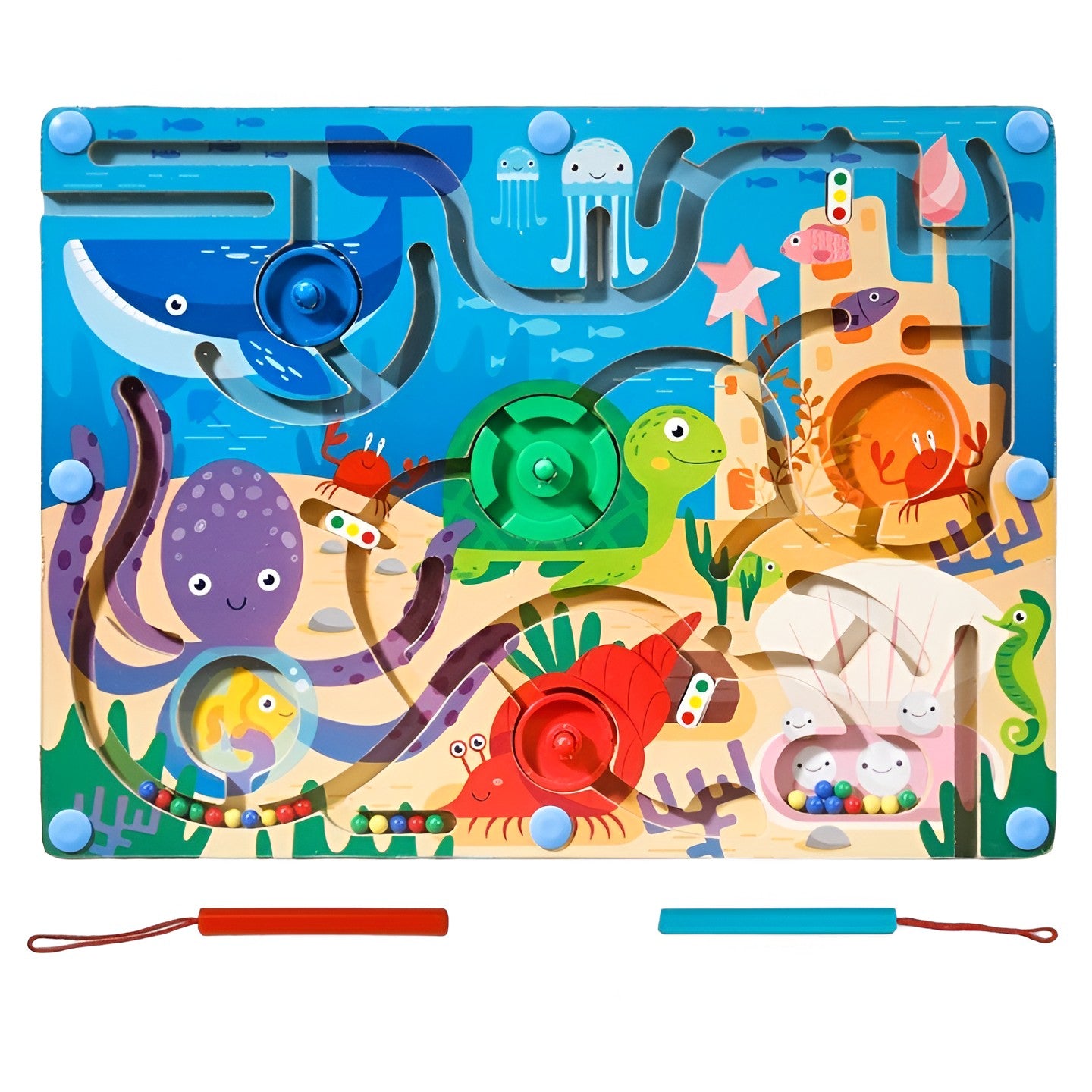 Joc Montessori de Sortare Culori, Flippy, Creion Magnetic, Tip Labirint Ilustrat, din Lemn, Model Animale Marine,