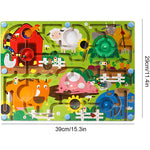 Joc Montessori de Sortare Culori, Flippy, Creion Magnetic, Tip Labirint Ilustrat, din Lemn, Model Ferma, 39x29x1.5 cm