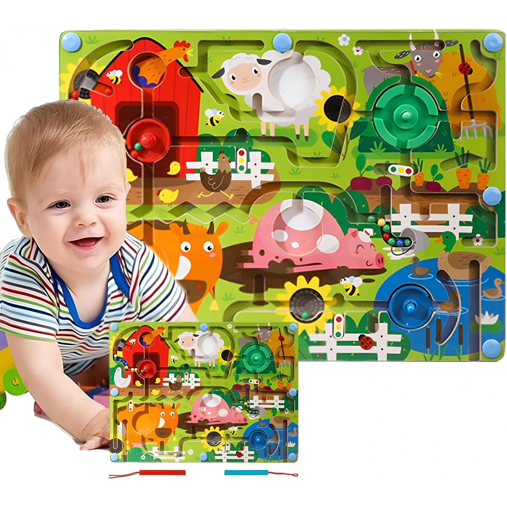 Joc Montessori de Sortare Culori, Flippy, Creion Magnetic, Tip Labirint Ilustrat, din Lemn, Model Ferma, 39x29x1.5 cm