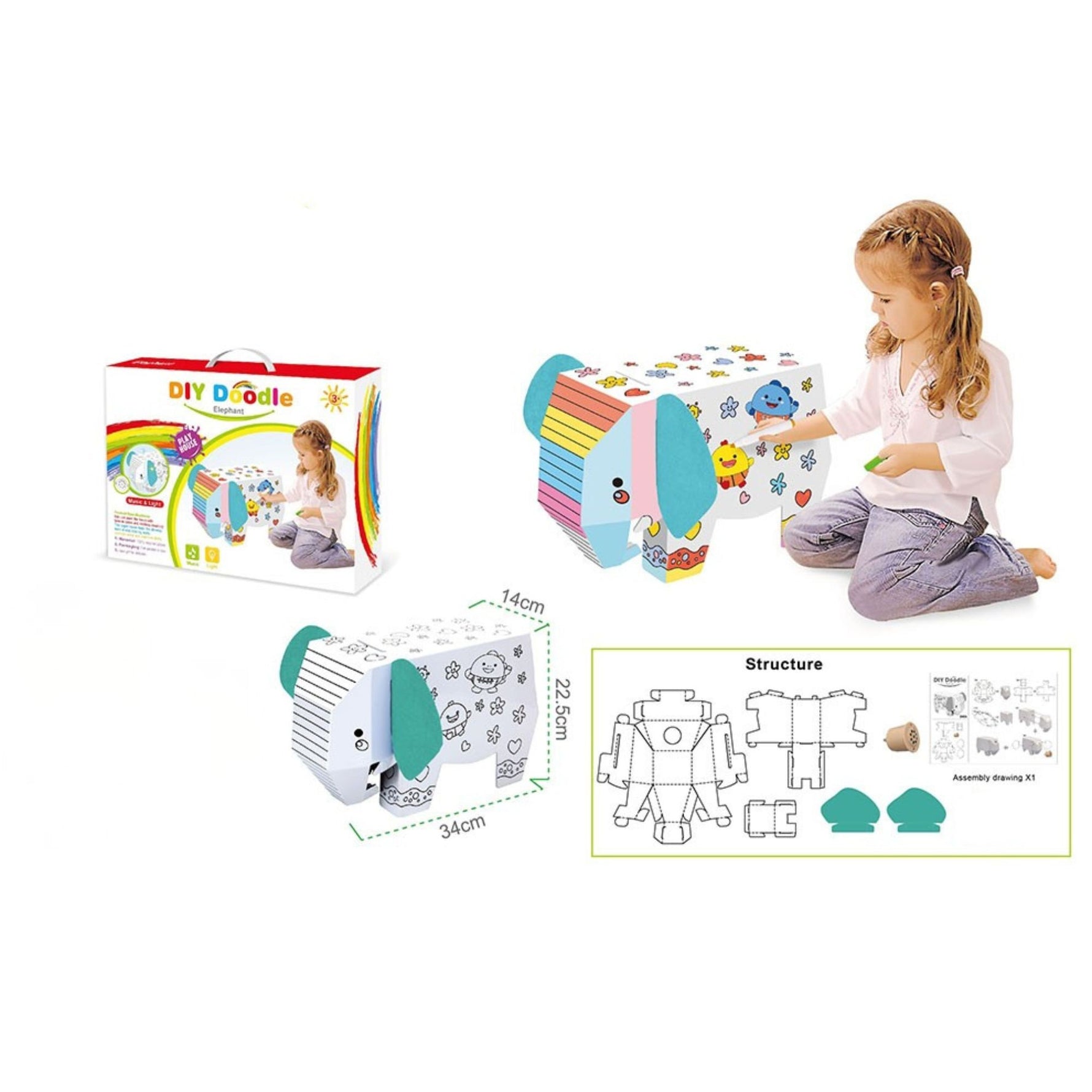 Jucarie Creativa pentru Copii, Flippy, Model Elefant 3D, Set de Asamblat si Colorat din Carton, Puzzle 3D Educativ, 34