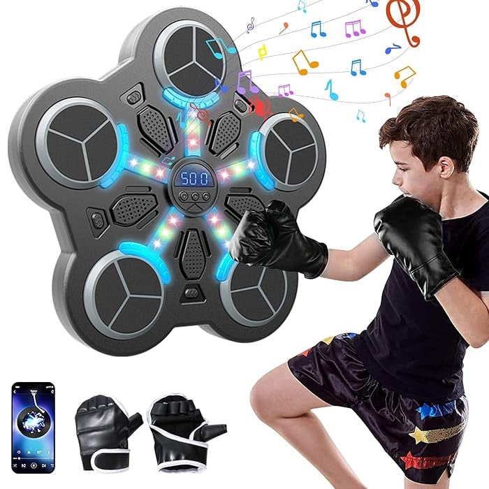 Jucarie de Boxat cu Muzica si Lumini, Flippy, Manusi Incluse, Bluetooth, Incarcare USB, Aplicare cu Ventuze, 5 Tinte,