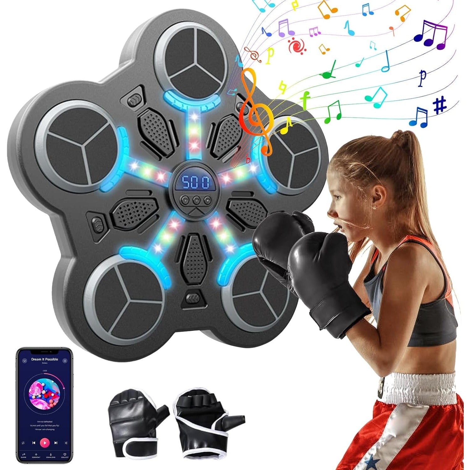 Jucarie de Boxat cu Muzica si Lumini, Flippy, Manusi Incluse, Bluetooth, Incarcare USB, Aplicare cu Ventuze, 5 Tinte,