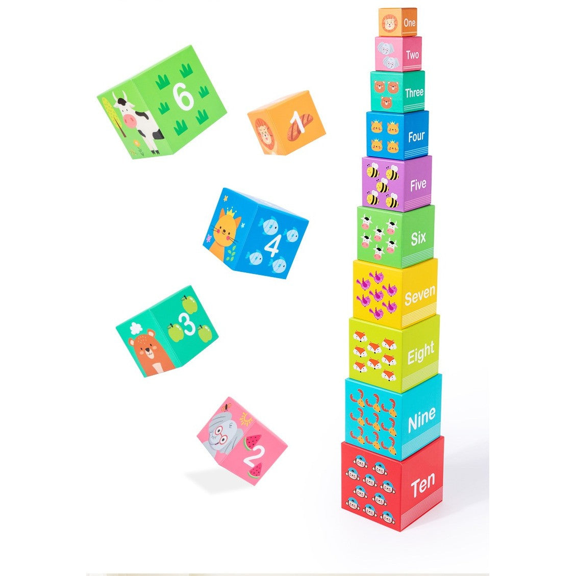 Jucarie de Construit, Flippy, Blocuri Stivuibile, +3 Ani, 10 Cutii, Invatare numere 1-10, 13.4 x 13.4 x 13.4 cm,