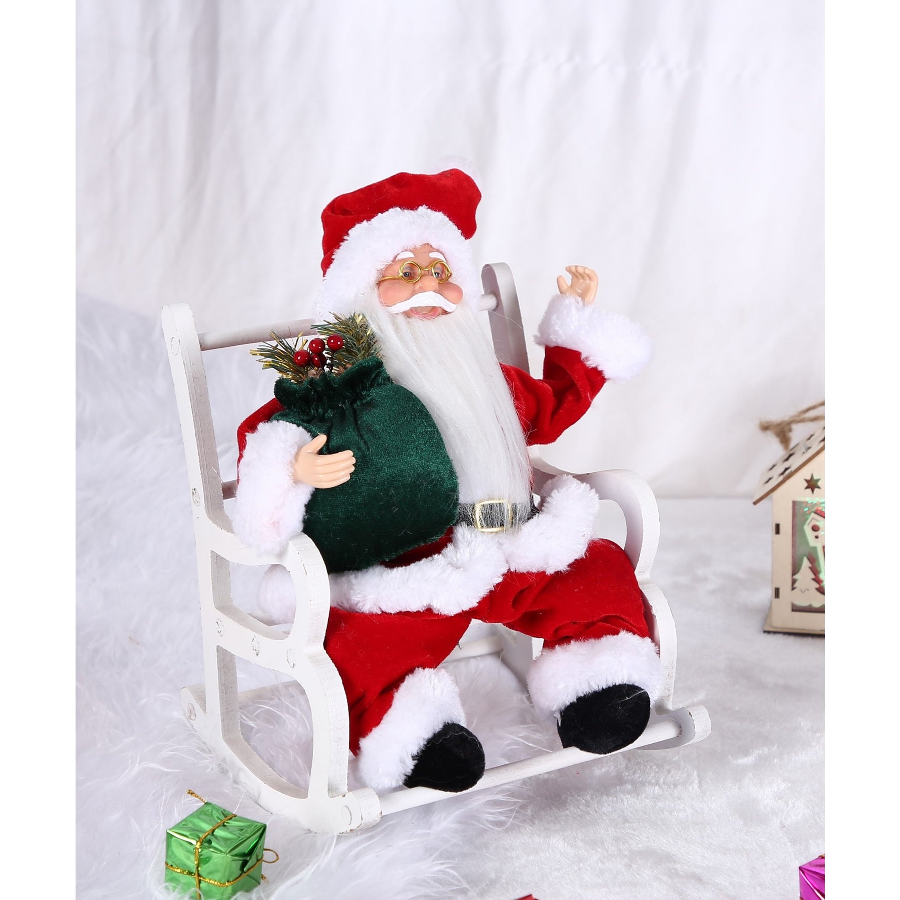 Jucarie decorativa, Flippy, Mos Craciun, 30 cm x 18 cm, grosime 18 cm, lana, tesatura de plus, poliester,