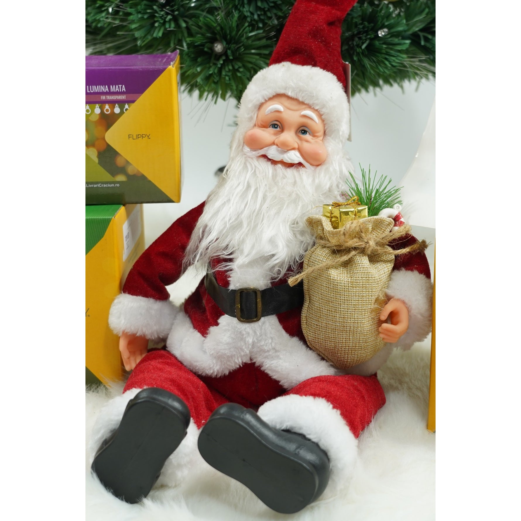 Jucarie decorativa, Flippy, Mos Craciun, 55 cm x 23 cm, grosime 25 cm, lana, tesatura de plus, poliester,
