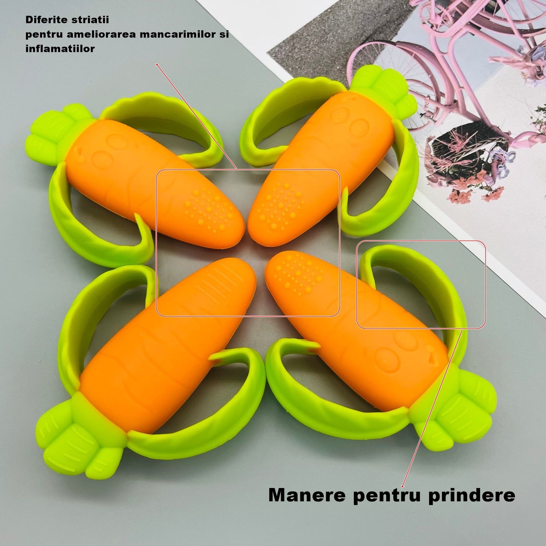 Jucarie dentitie bebelusi Flippy, morcov, 10x7.5x2.8 cm, cu manere de prindere, material silicon non-toxic, fara miros,