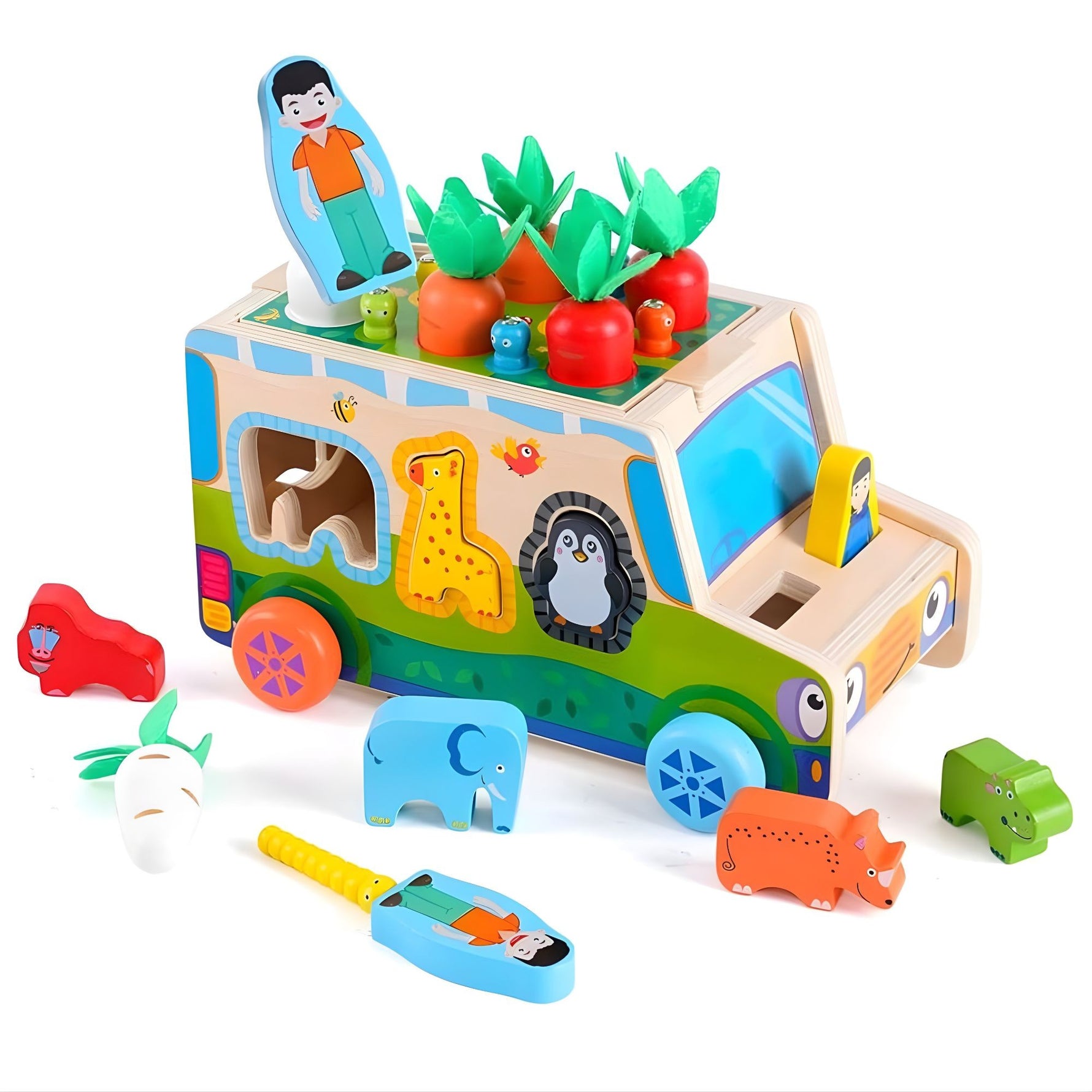 Jucarie Educativa Montessori, Flippy, Model Masinuta Educativa din Lemn 6 in 1, Sortator Forme, 1–3 ani, 23.7 x 17.5 x