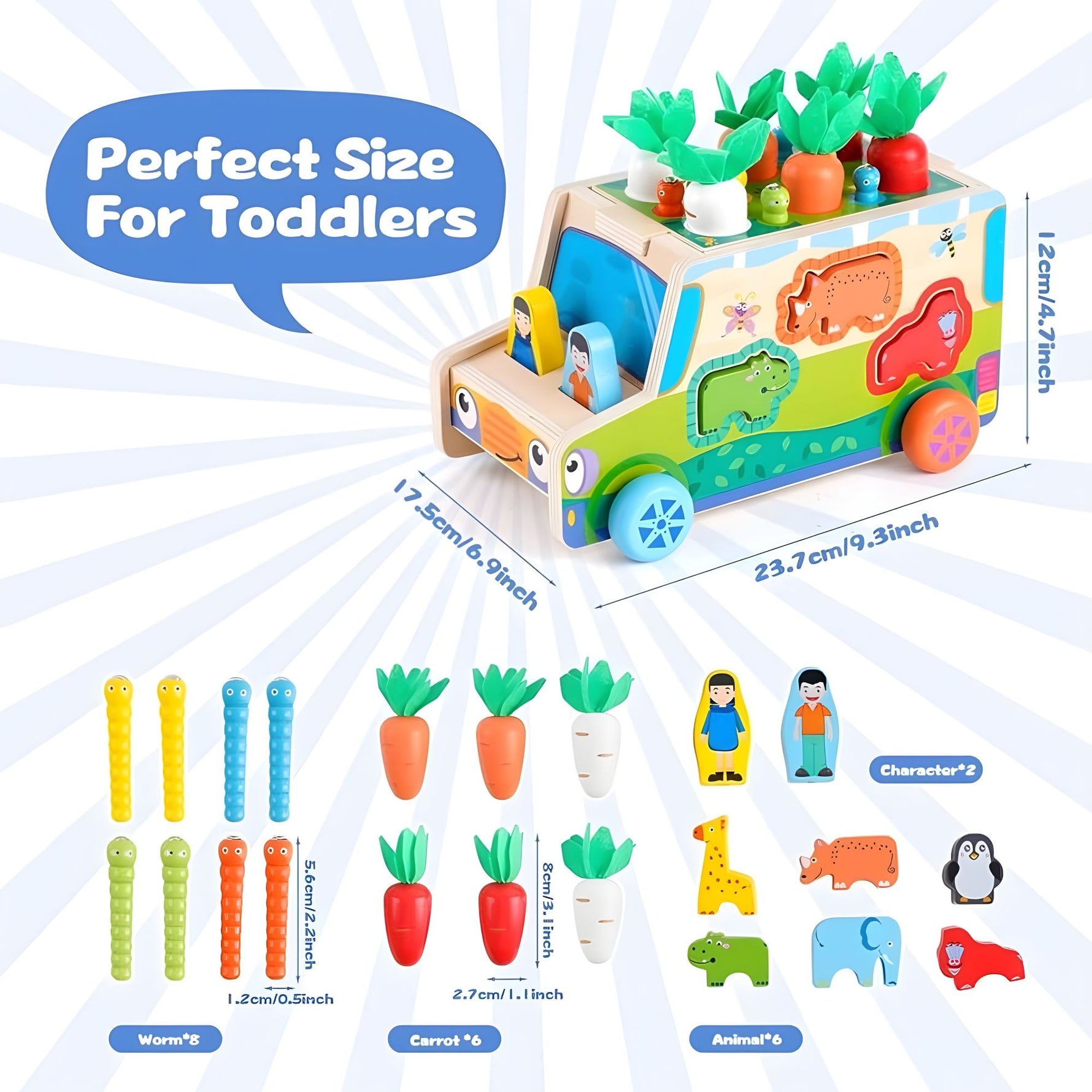 Jucarie Educativa Montessori, Flippy, Model Masinuta Educativa din Lemn 6 in 1, Sortator Forme, 1–3 ani, 23.7 x 17.5 x