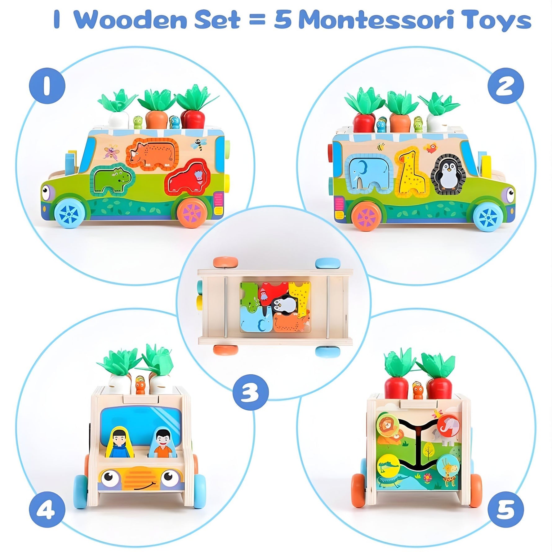 Jucarie Educativa Montessori, Flippy, Model Masinuta Educativa din Lemn 6 in 1, Sortator Forme, 1–3 ani, 23.7 x 17.5 x