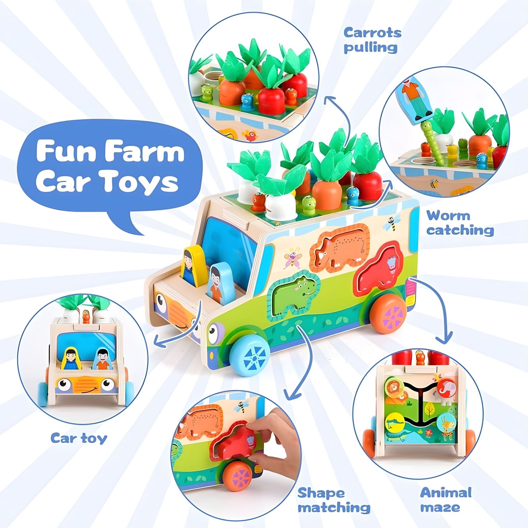 Jucarie Educativa Montessori, Flippy, Model Masinuta Educativa din Lemn 6 in 1, Sortator Forme, 1–3 ani, 23.7 x 17.5 x