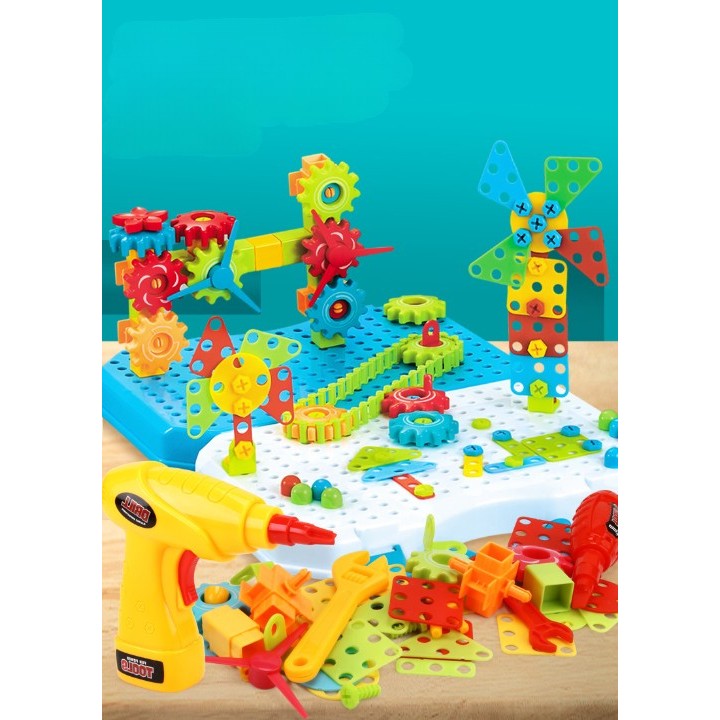Jucarie Educativa Si Interactiva, Flippy, Set De Constructie Puzzle Din ABS Cu Bormasina Pentru Dezvoltatea