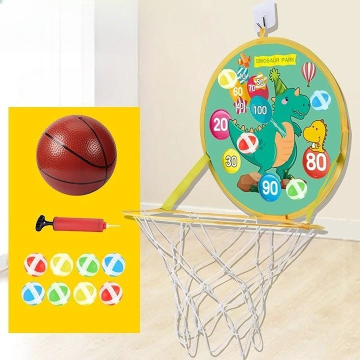 Jucarie Interactiva, Flippy, 2 in 1, Cos de Basket si Tinta de Darts, Minge 16 cm, Pompa, 8 Mingii cu Scai, Model