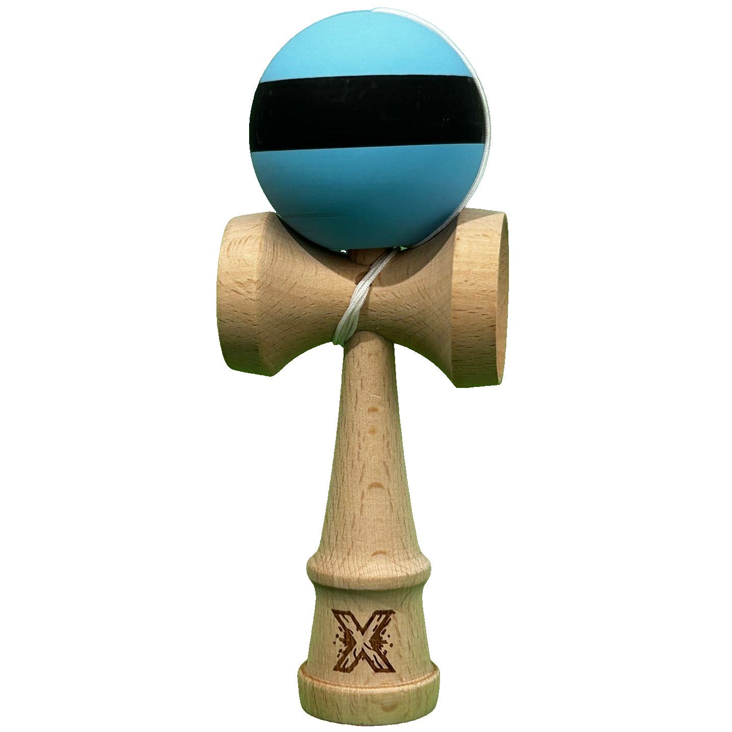 Kendama X Originala, Profesionala, Flippy, din Lemn, 18 cm, Rubber Grip, Dungi Albastru/Negru