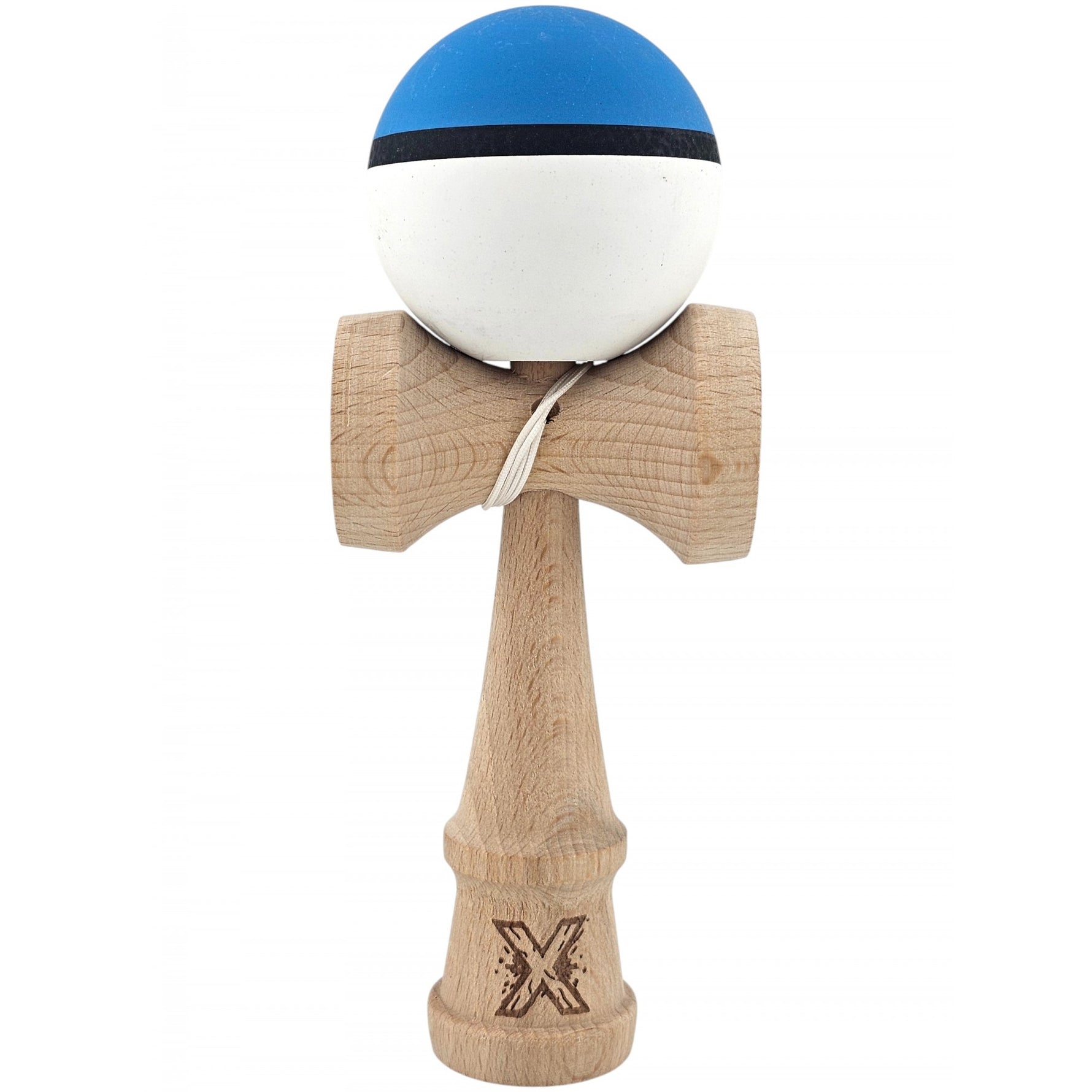 Kendama X Originala, Profesionala, Flippy, din Lemn, 18 cm, Rubber Grip, Albastru/Alb
