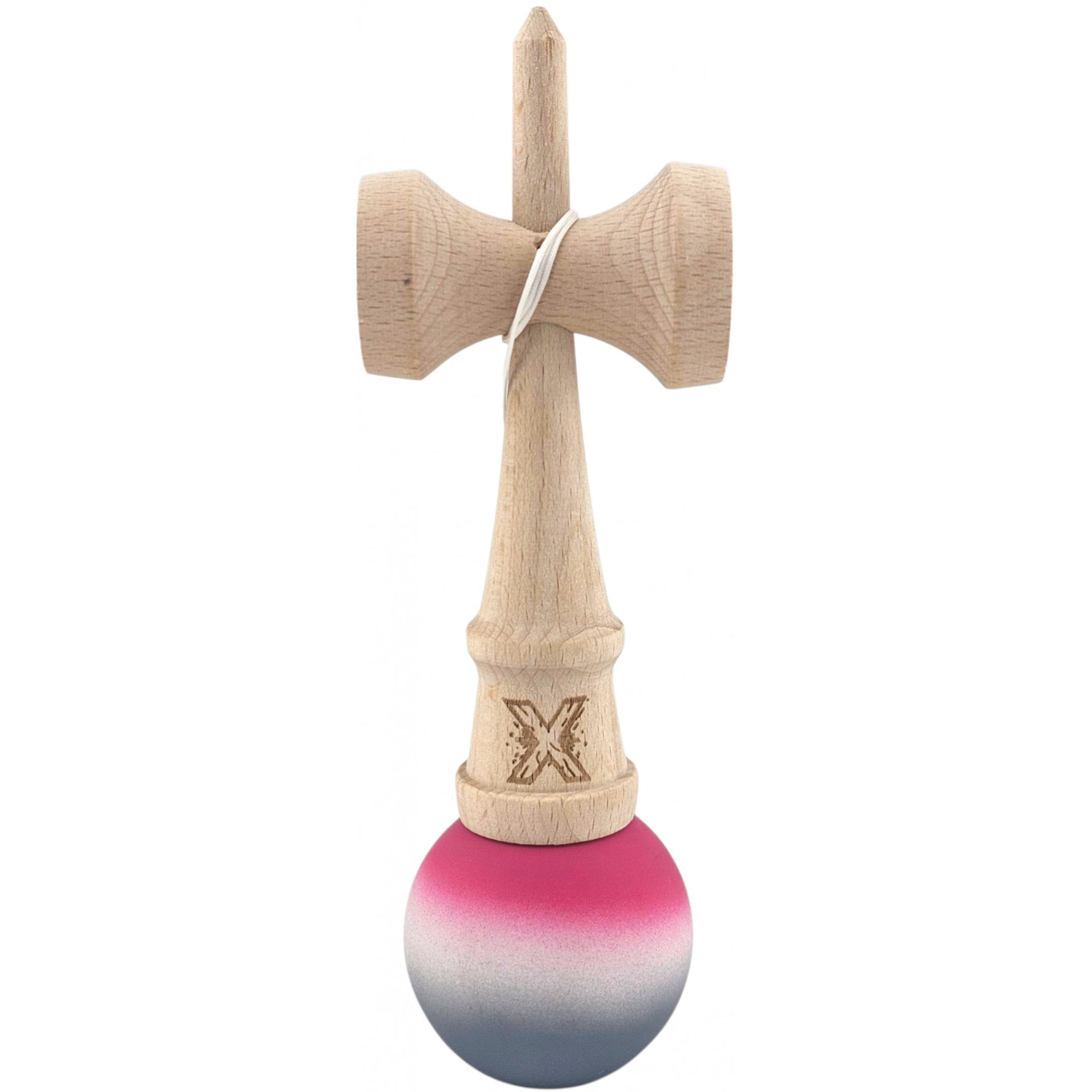 Kendama X Originala, Profesionala, Flippy, din Lemn, Rubber Grip, 18 cm, Roz/Alb/Gri