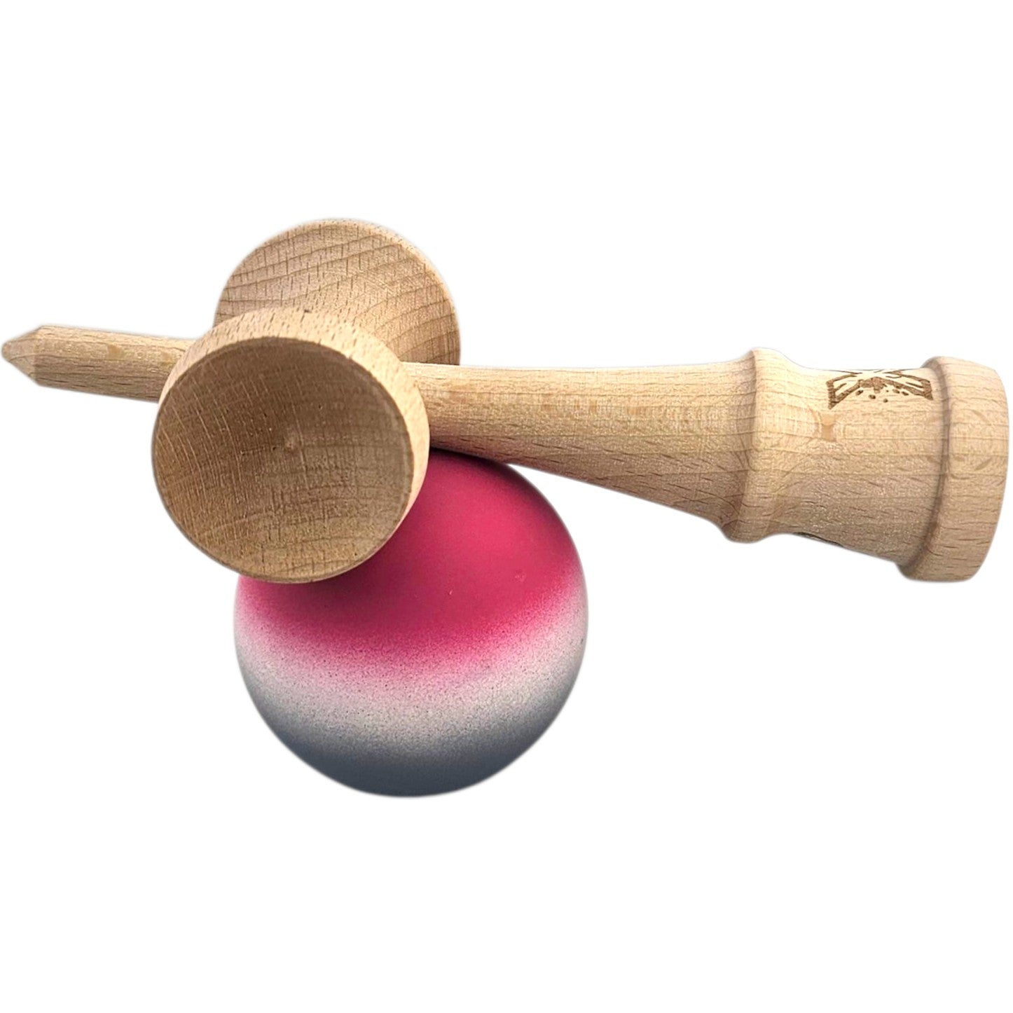 Kendama X Originala, Profesionala, Flippy, din Lemn, Rubber Grip, 18 cm, Roz/Alb/Gri