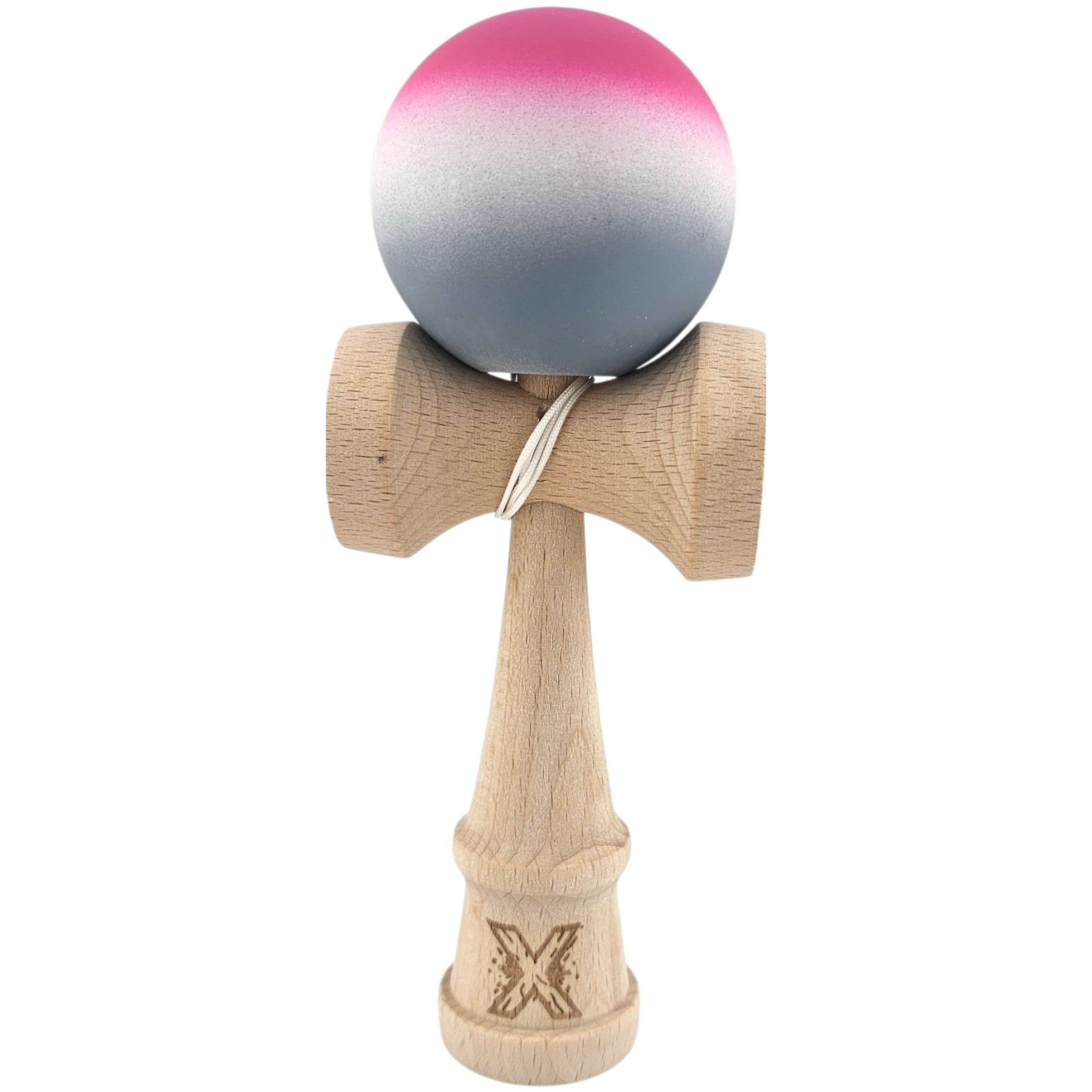 Kendama X Originala, Profesionala, Flippy, din Lemn, Rubber Grip, 18 cm, Roz/Alb/Gri