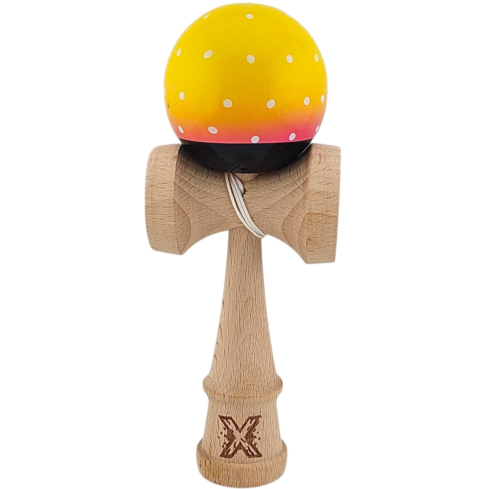 Kendama X Originala, Profesionala, Flippy, din Lemn, Super Sticky, 18 cm, Galben/Roz/Negru