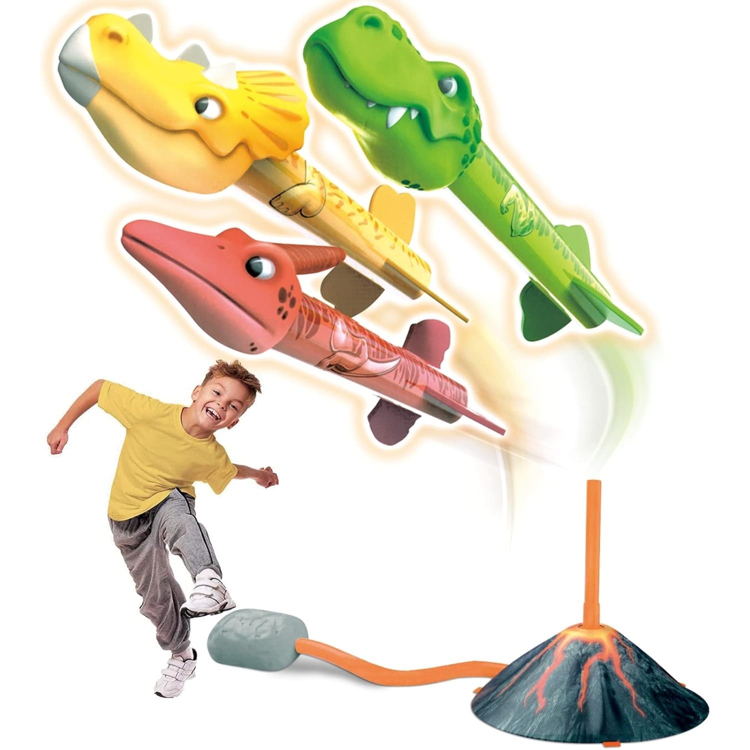 Jucarie pentru Copii, Flippy, Lansator de Rachete cu Piciorul, un Singur Lansator, 3 Rachete Donozauri cu Lumini, 30 cm