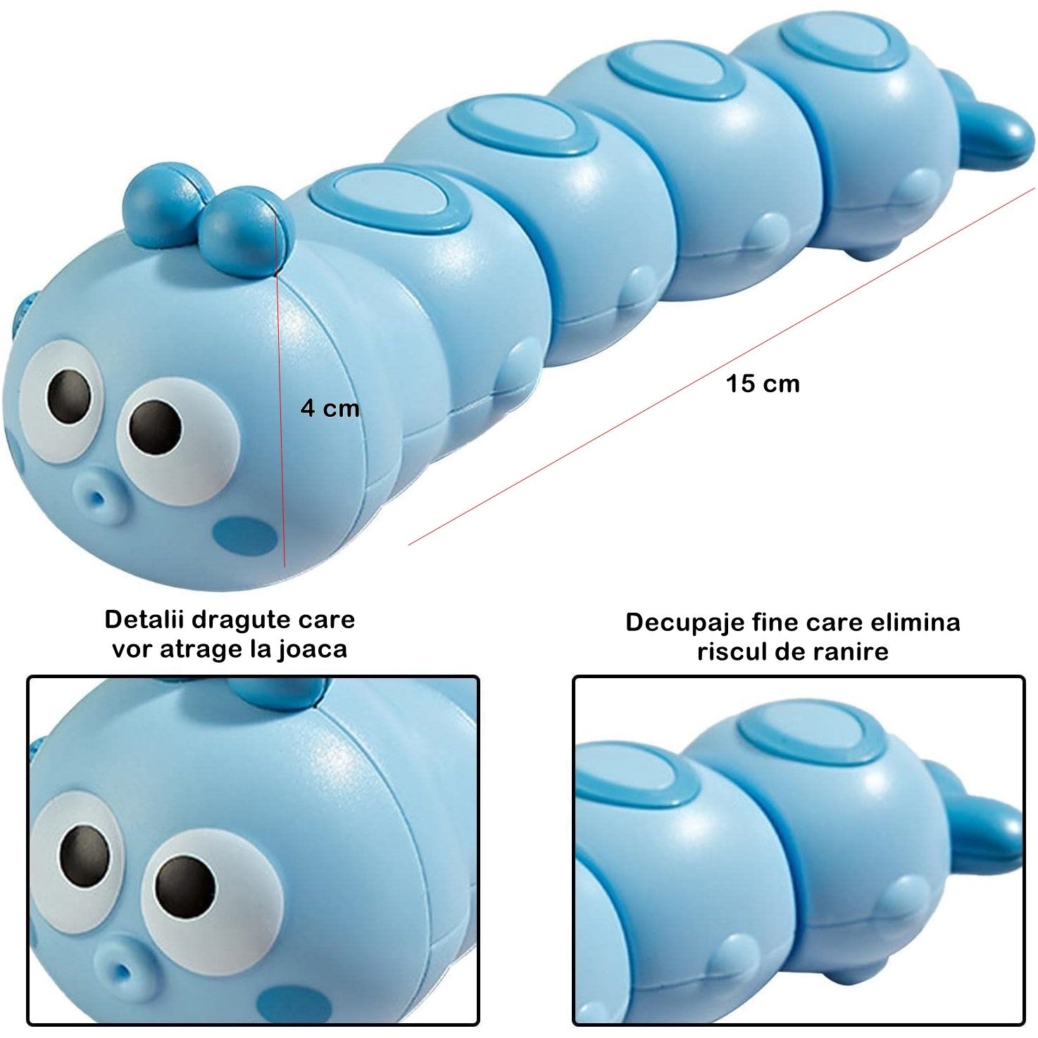 Jucarie mecanica pentru copii Flippy, omida haioasa, material ABS, cu cheita, distractiva, se taraste, se misca, 15 x 4