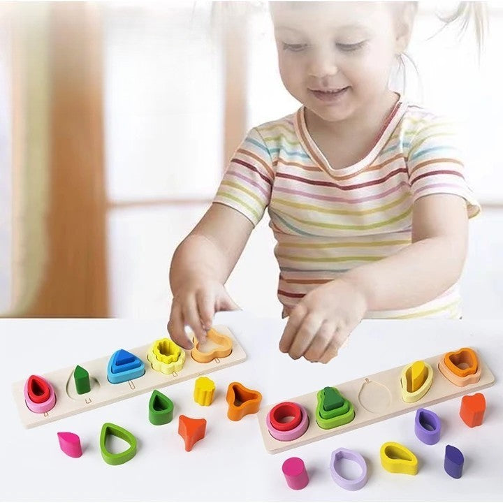 Jucarie Montessori din Lemn, Flippy, Tip Puzzle, cu 5 Forme Asimetrice, 15 Piese, Educativa, Interactiva, Creativa,