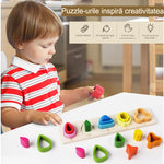 Jucarie Montessori din Lemn, Flippy, Tip Puzzle, cu 5 Forme Asimetrice, 15 Piese, Educativa, Interactiva, Creativa,