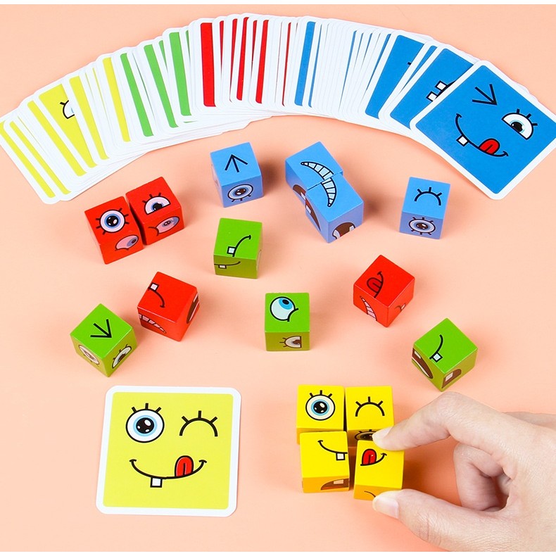 Jucarie pentru copii montessori Flippy, cub din lemn, asamblare fete, 64 de carti distractive, pentru baieti si fete,