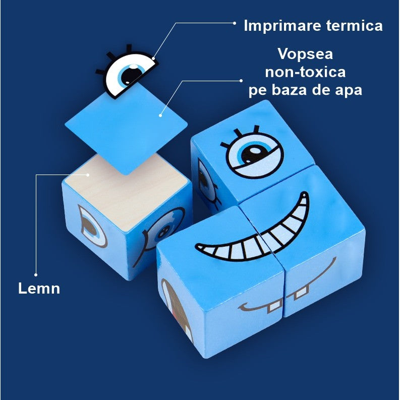 Jucarie pentru copii montessori Flippy, cub din lemn, asamblare fete, 64 de carti distractive, pentru baieti si fete,