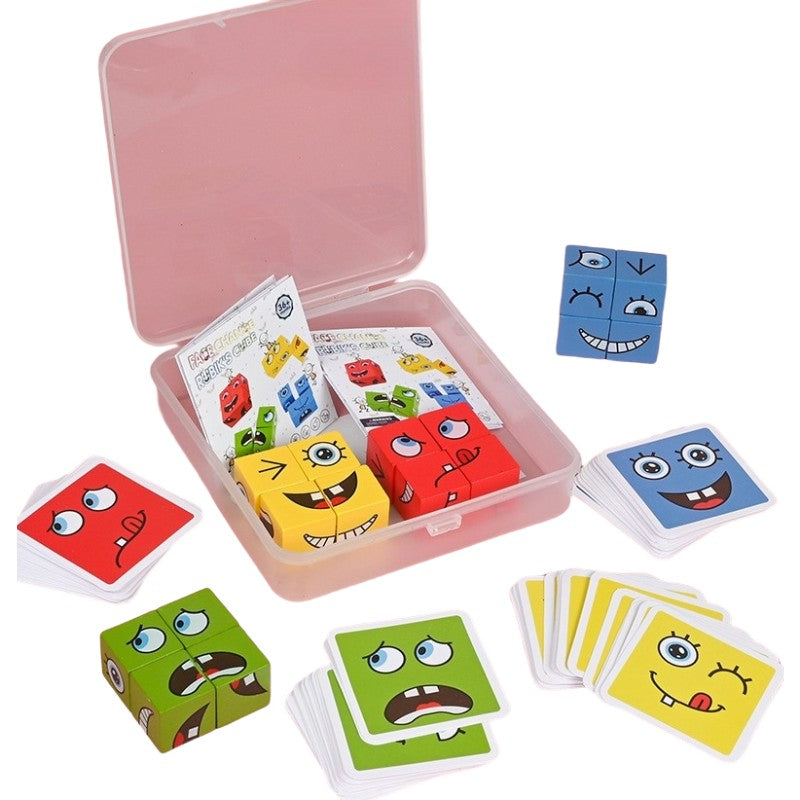 Jucarie Pentru Copii Montessori Flippy, Cub din Lemn, Asamblare Fete, 64 de Carti Distractive, pentru Baieti si Fete,
