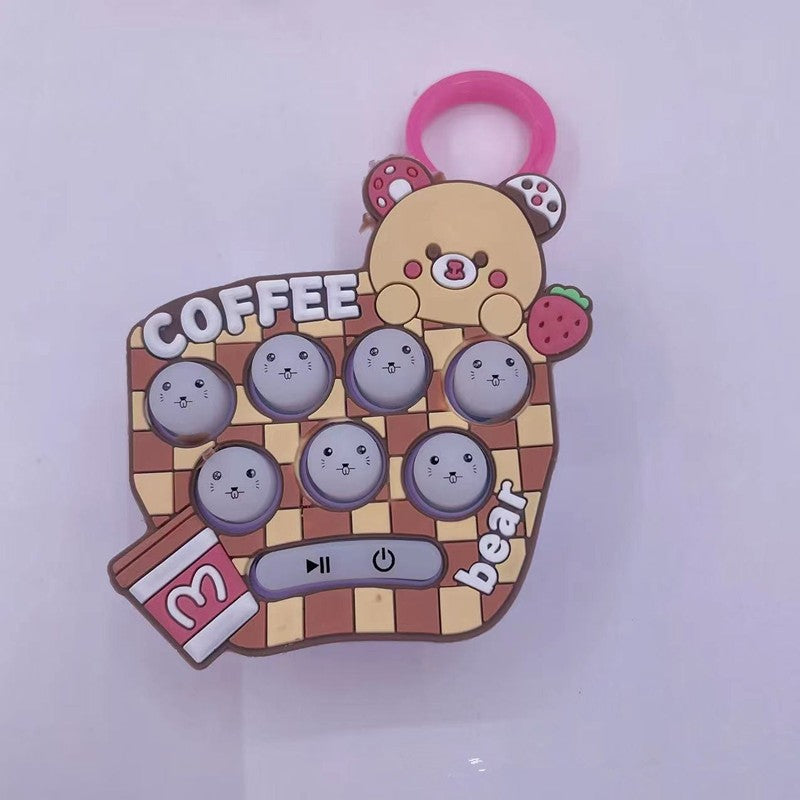 Jucarie pentru copii portabila Flippy, joc Gopher, cu lumini si muzica, tip breloc, model ursulet, material silicon si