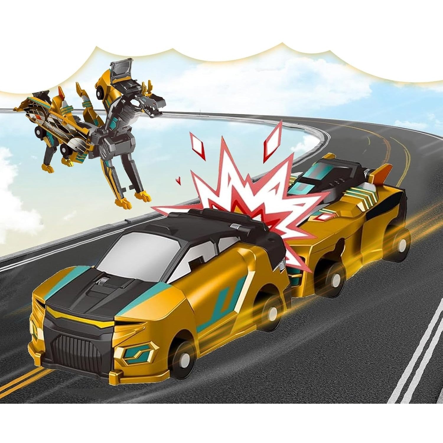 Jucarie Transformabila 2in1, Flippy, Golden Wing Flying Dragon, Masina/Dragon, Atractie Magnetica, +6 Ani, din ABS,