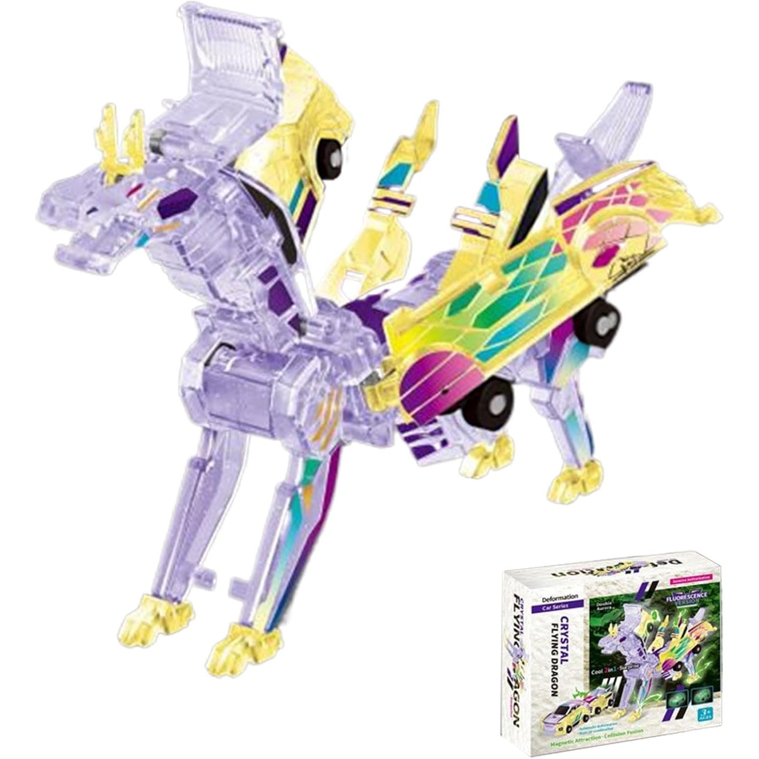 Jucarie Transformabila 2in1, Flippy, Crystal Wing Flying Dragon, Masina/Dragon, Atractie Magnetica, Fluorescent, +3