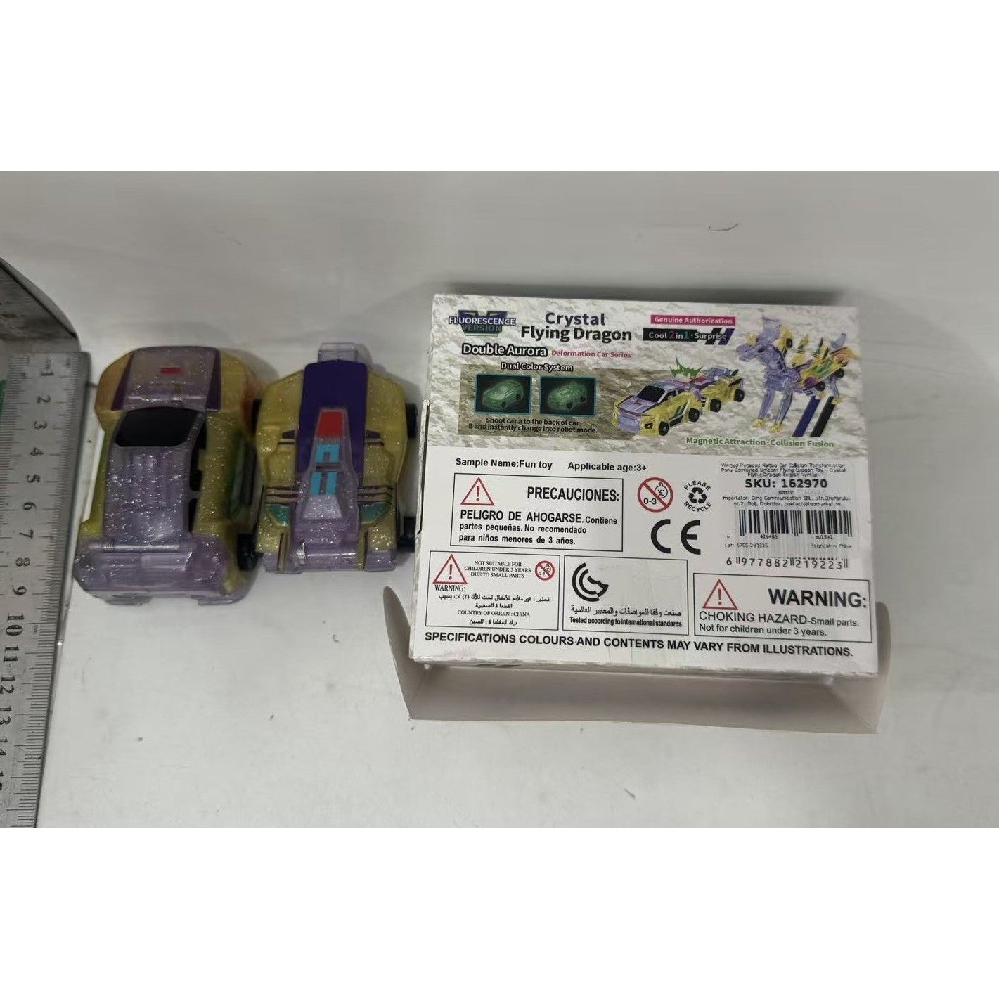 Jucarie Transformabila 2in1, Flippy, Crystal Wing Flying Dragon, Masina/Dragon, Atractie Magnetica, Fluorescent, +3