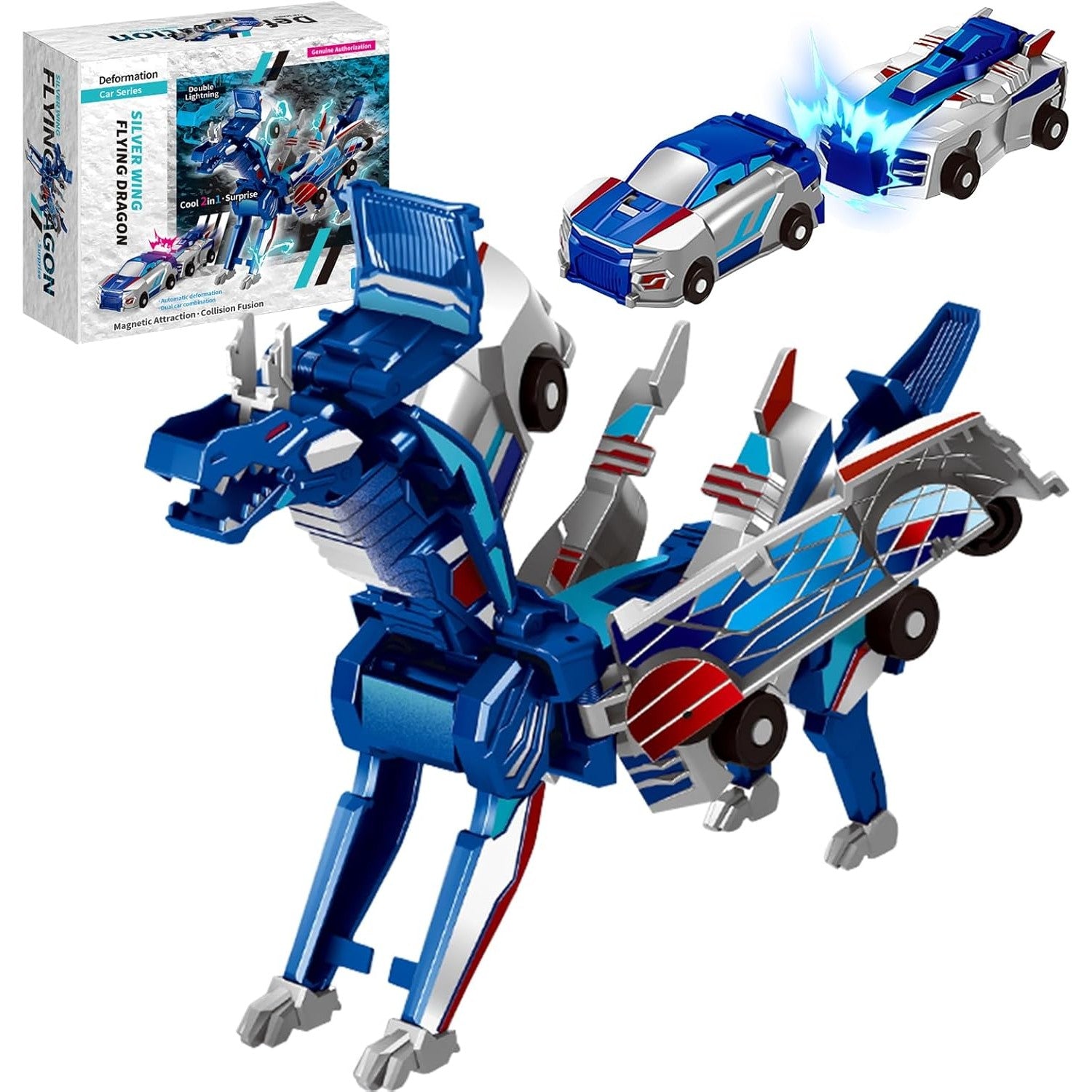 Jucarie Transformabila 2in1, Flippy, Silver Wing Flying Dragon, Masina/Dragon, Atractie Magnetica, +6 Ani, din ABS,
