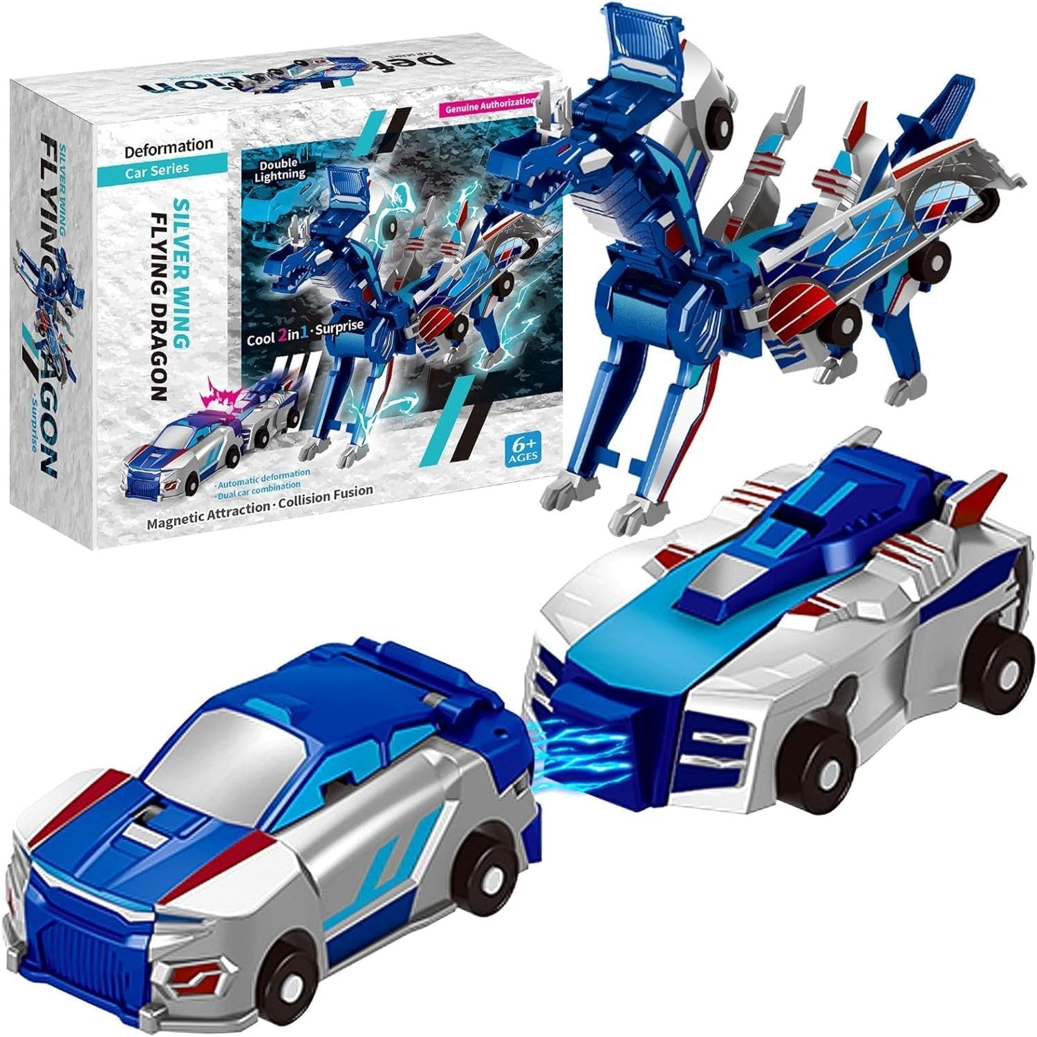 Jucarie Transformabila 2in1, Flippy, Silver Wing Flying Dragon, Masina/Dragon, Atractie Magnetica, +6 Ani, din ABS,