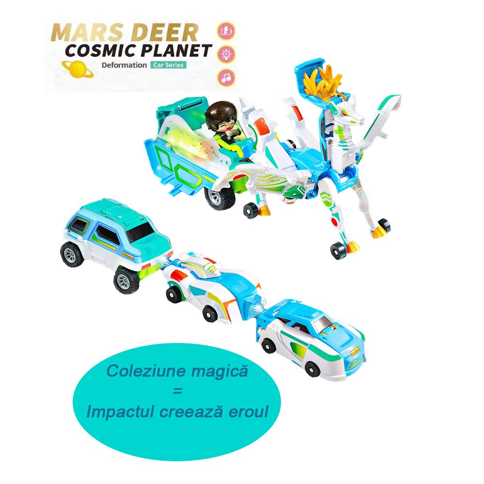 Jucarie Transformer Magnetica 3 in 1 Mars Deer Cosmic Planet, Flippy, 3 Masini Care se Transforma in Pegas Inaripat,