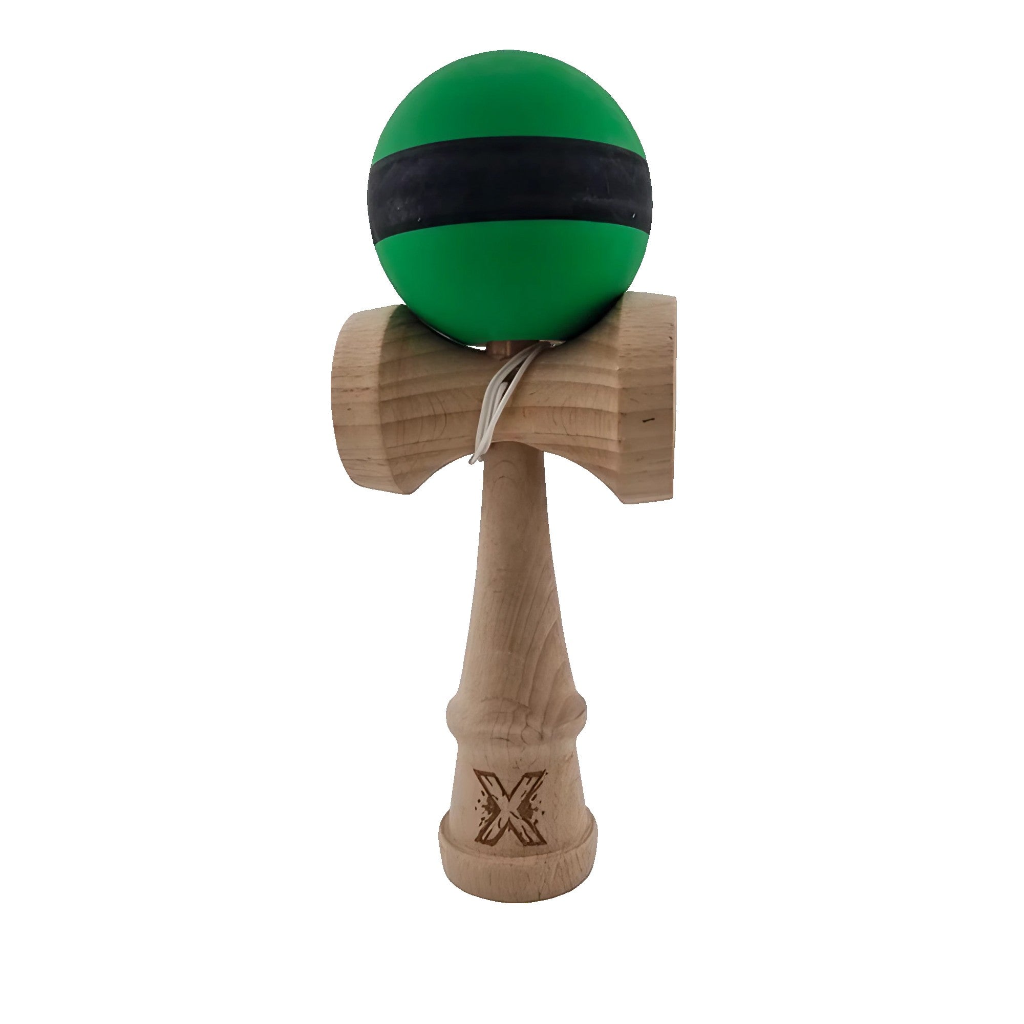 Kendama X Originala, Profesionala, Flippy, 18 cm, din Lemn, Rubber Grip, Negru/Verde