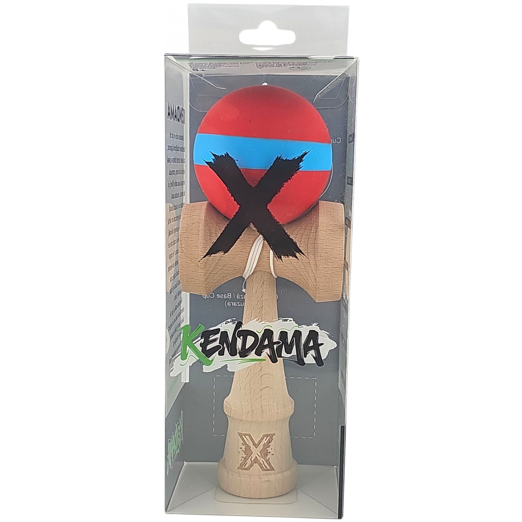 Kendama X Originala, Profesionala, Flippy, 18 cm, din Lemn, Rubber Grip, Rosu/Albastru