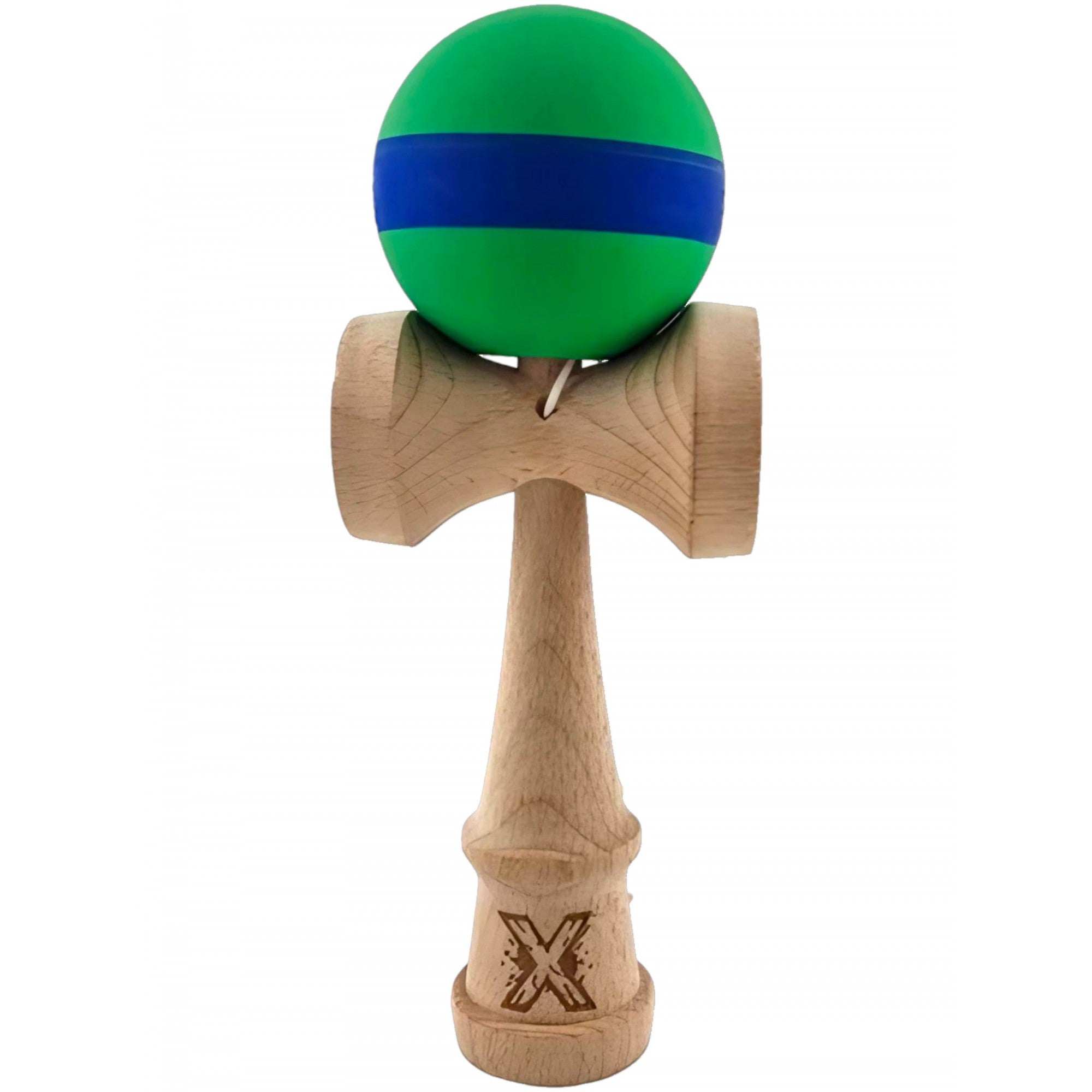 Kendama X Originala, Profesionala, Flippy, 18 cm, din Lemn, Rubber Grip, Verde/Albastru