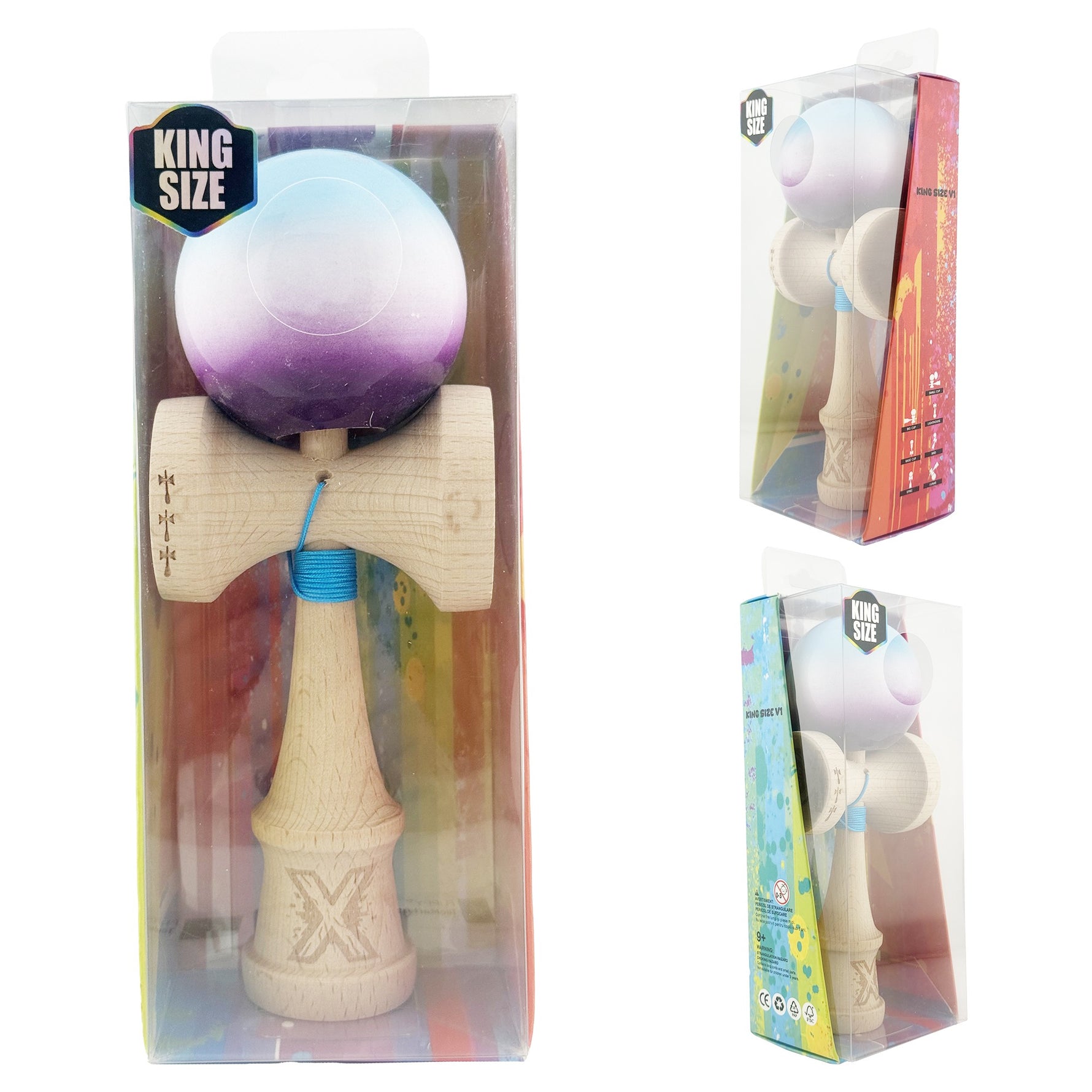 Kendama X Originala, Profesionala, Flippy, Big Cups V2, Super Sticky cu Cupe Mari, din lemn 18 cm, Rulment Metalic cu