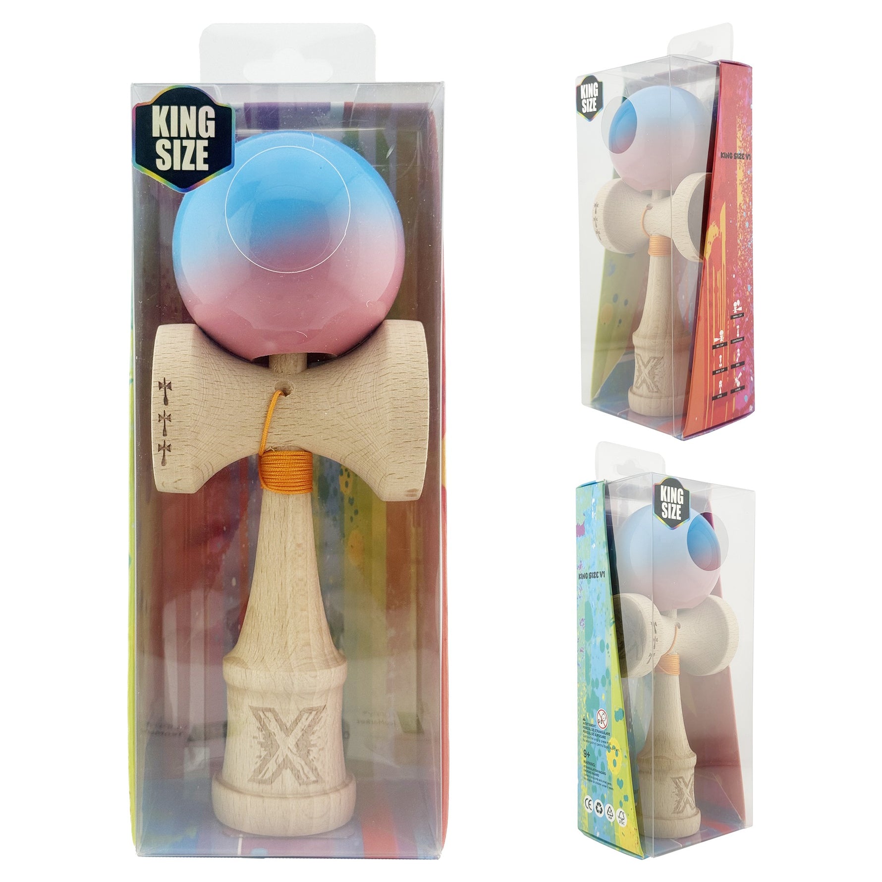 Kendama X Originala, Profesionala, Flippy, Big Cups V2, Super Sticky cu Cupe Mari, din lemn 18 cm, Rulment Metalic cu