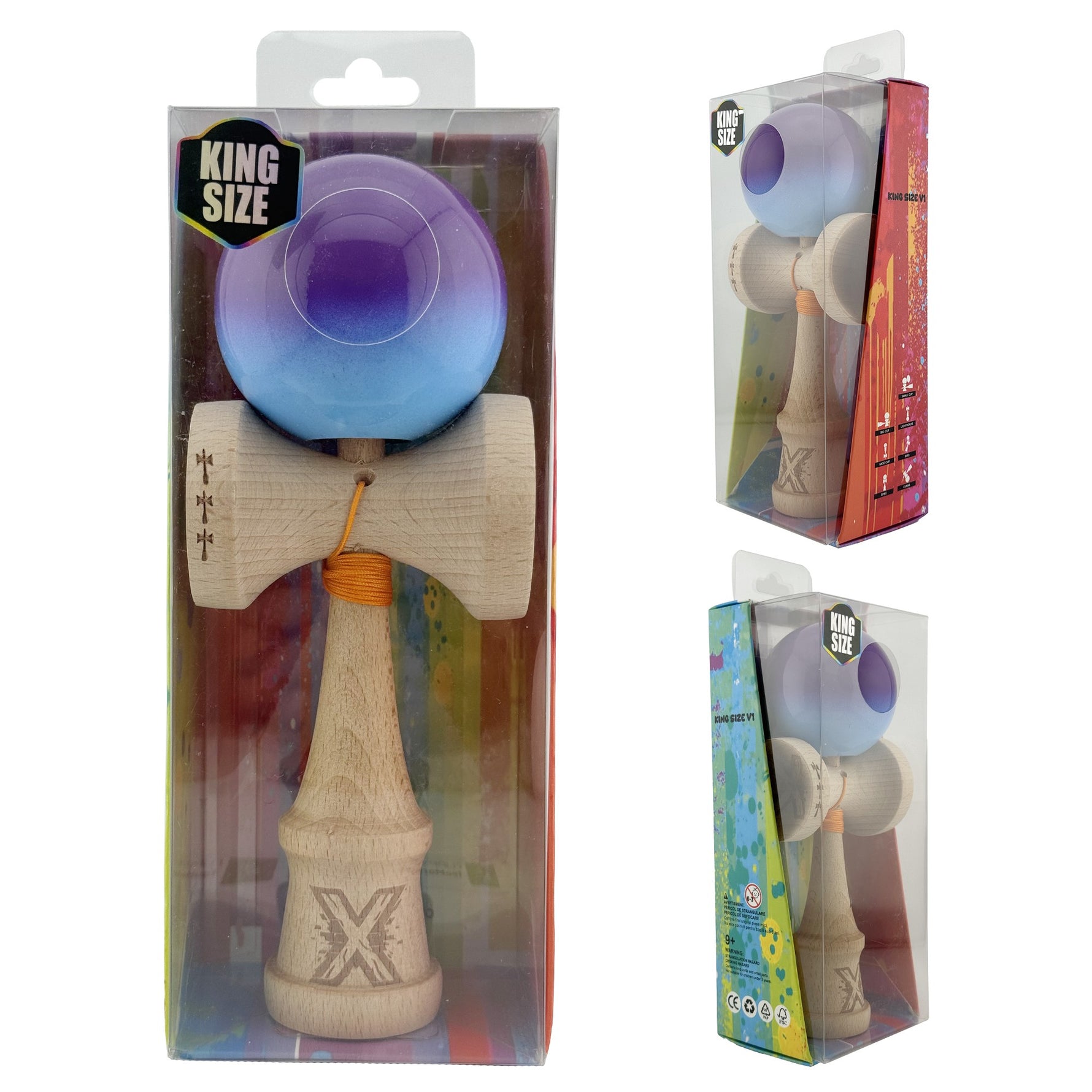 Kendama X Originala, Profesionala, Flippy, Big Cups V2, Super Sticky cu Cupe Mari, din lemn 18 cm, Rulment Metalic cu